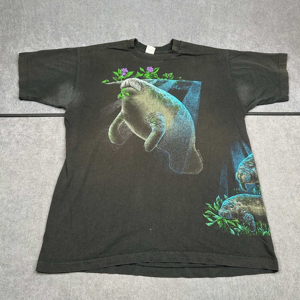 Vintage Manatee AOP Graphic T-Shirt Black Cotton Vintage XL Made in USA